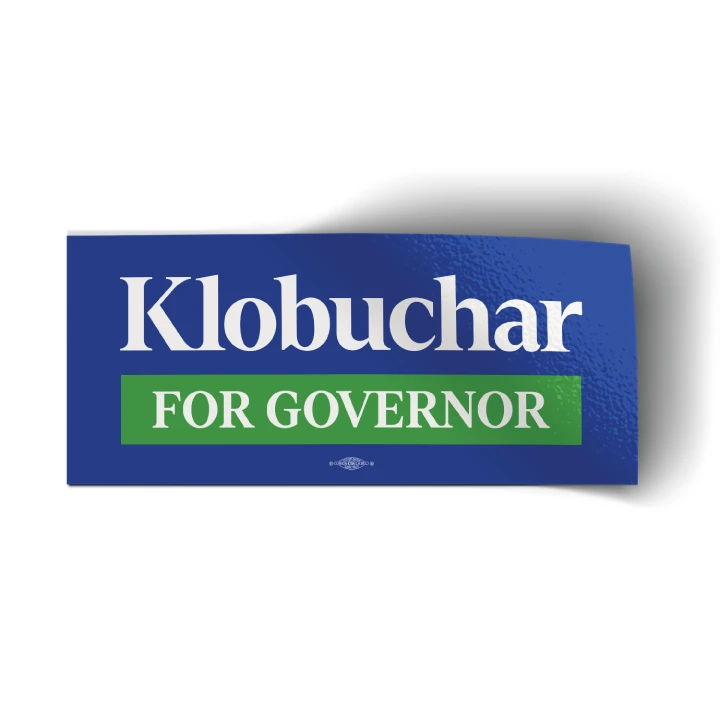 Klobuchar for Governor bumper sticker with a green box on blue