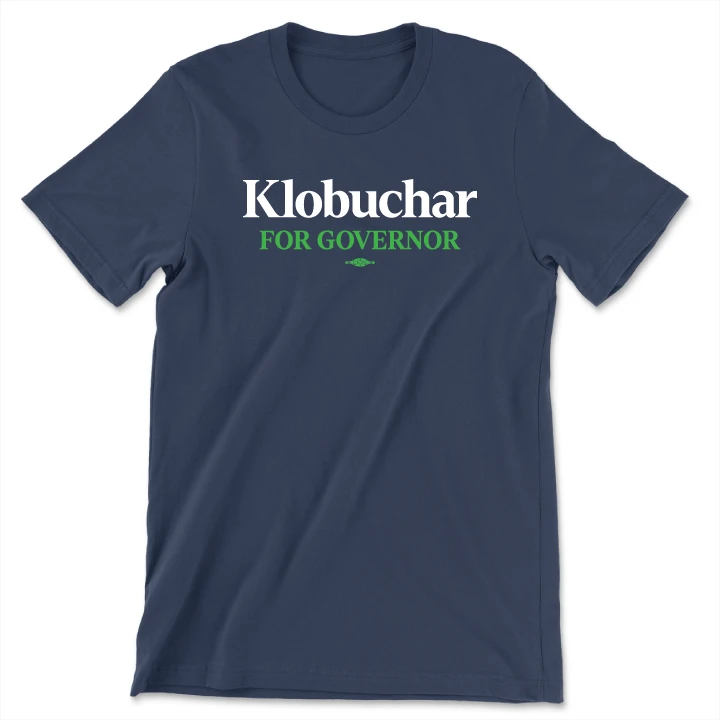 Navy Klobuchar for Governor t-shirt with green lettering